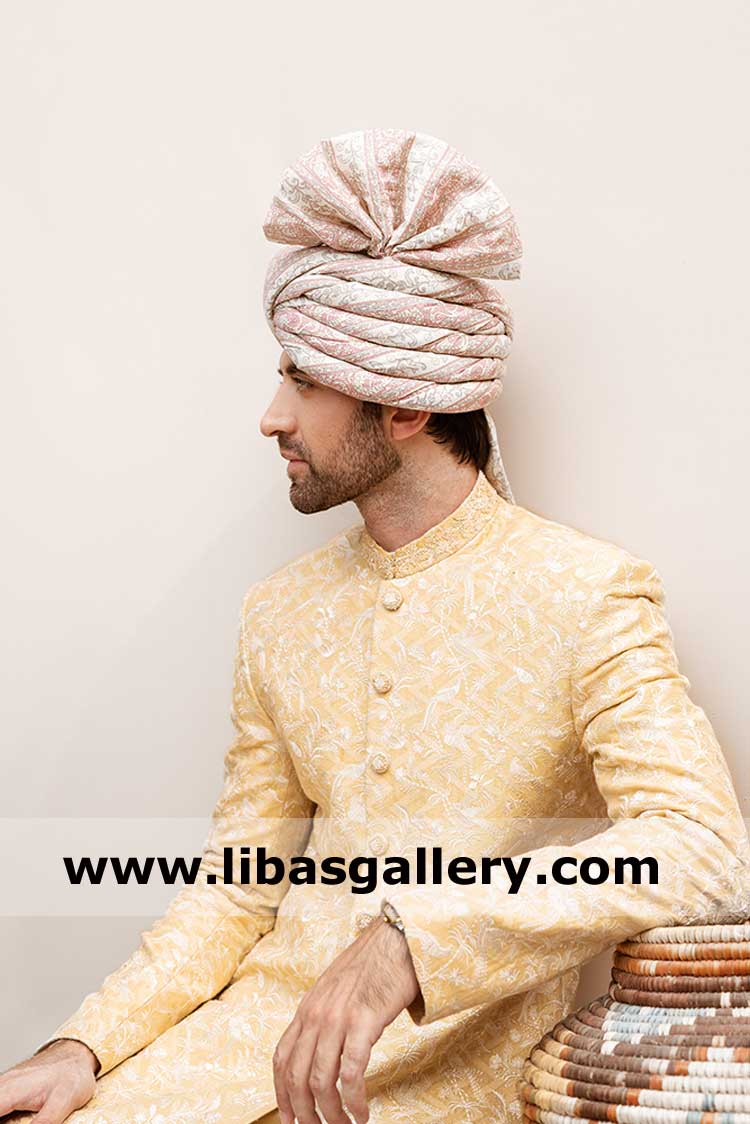 Yellow gold sherwani with off white nice embroidery pattern