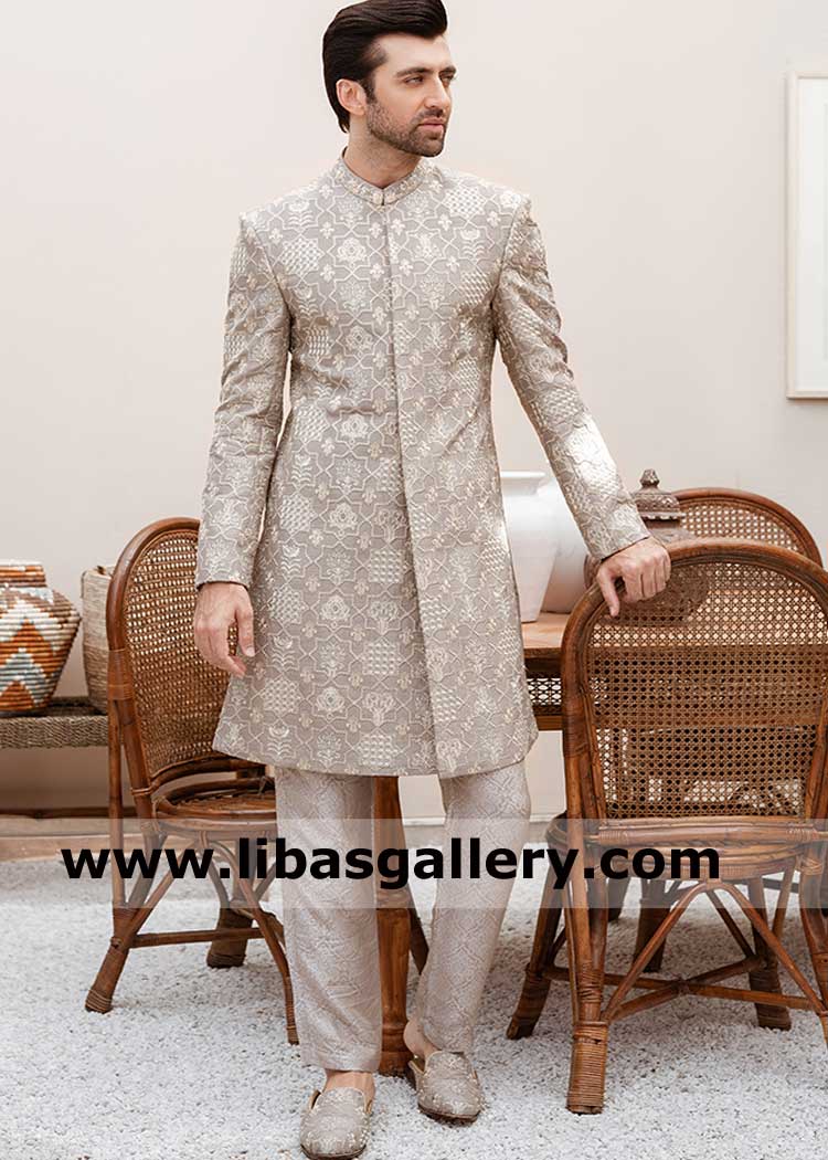 Tailor made awesome dulha heavy embroidered sherwani for nikah barat happy day inner kurta pajama as gift shop online Charlotte Raleigh USA