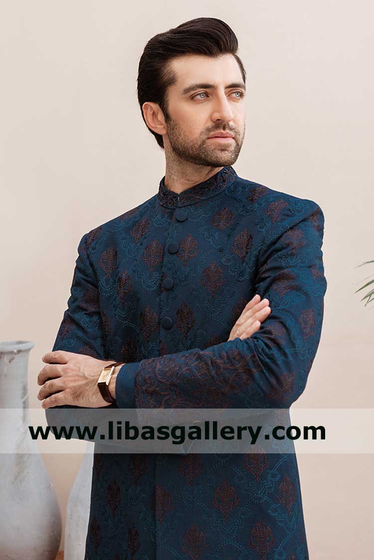 Mid night blue wedding sherwani for highly educated groom nikah ceremony with red velvet cake and gulab jaman perth sydney australia