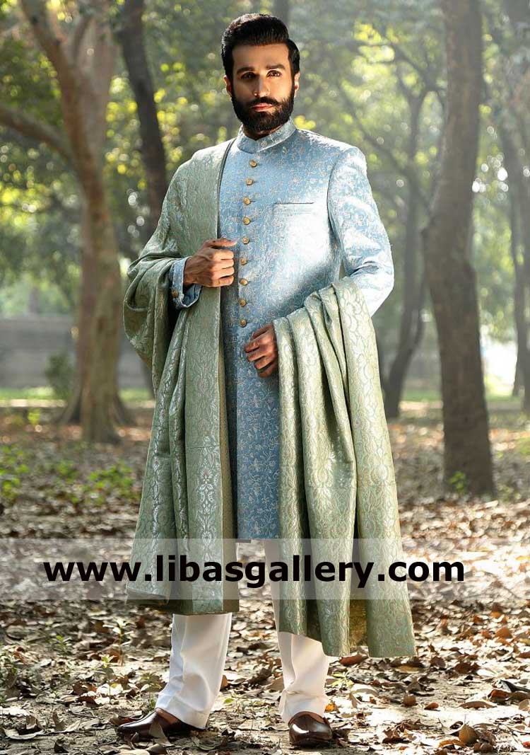 Sky blue thread embroidered groom wedding sherwani