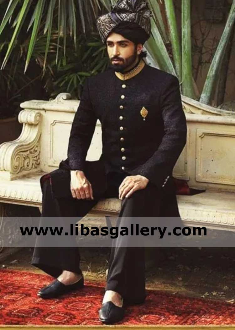 Black Gold Embroidered Exclusive Groom wedding Sherwani