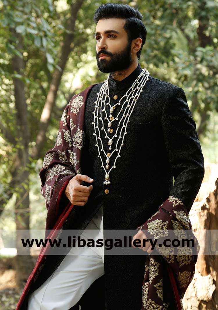 Premium black signature embroidered wedding sherwani for men nikah barat happy day paired with pants kurta and shawl on additional price uk usa canada 