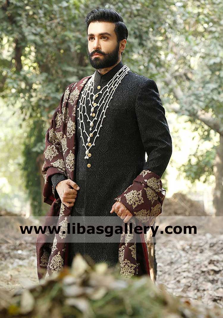 Premium black signature embroidered wedding sherwani