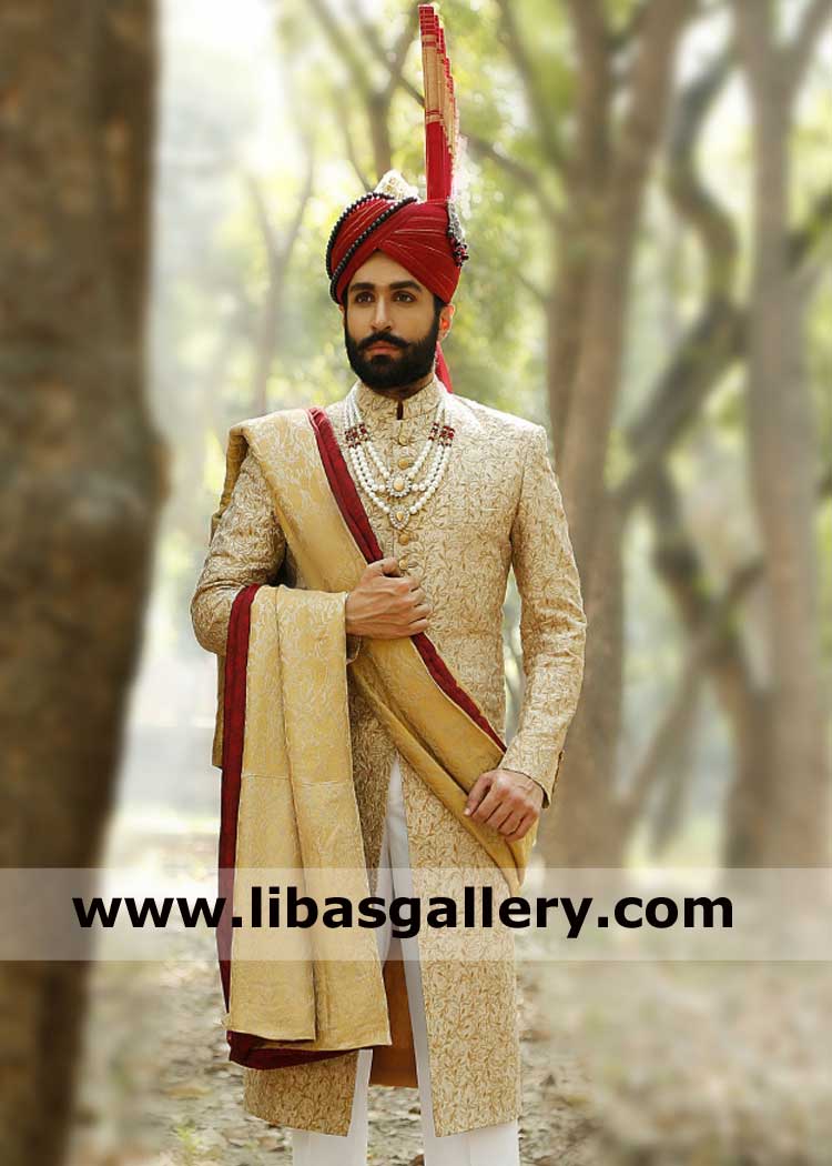 Premium embroidered golden flame groom sherwani