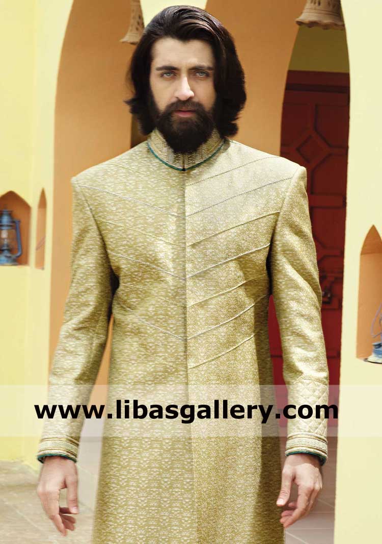Gold embroidered beautiful classic groom sherwani article for men nikah marriage functions paired with inner kurta pajama suit kitchener,burnaby,windsor Canada