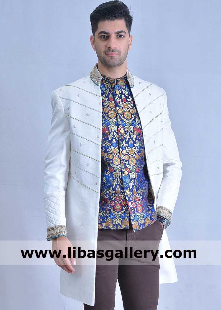 off white stylish jamawar wedding jacket for groom marriage nikah day embroidery on cuff collar paired with pants Philadelphia Pittsburgh USA