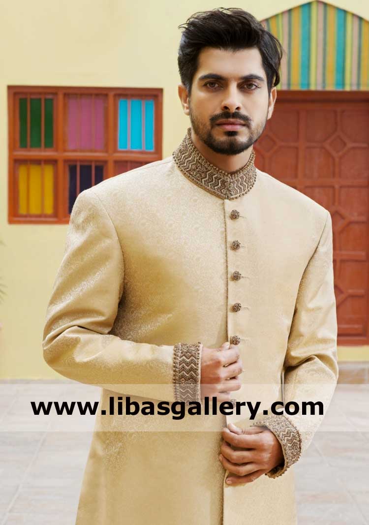 Light Gold Embroidered bespoke groom sherwani design