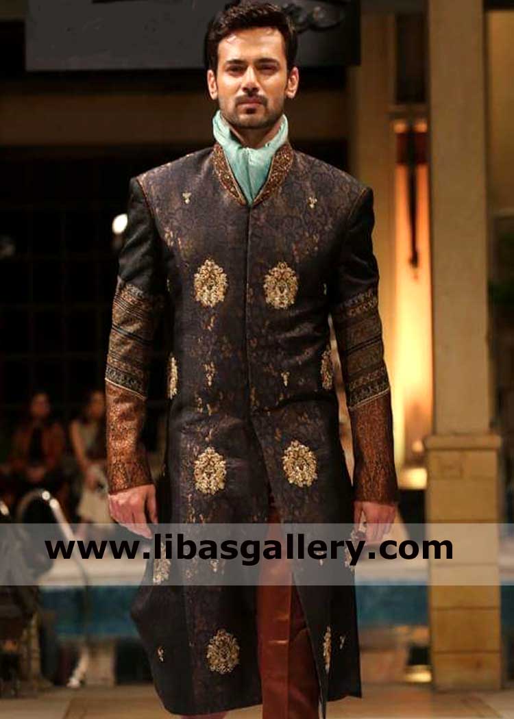 Zahid khan spotted in black and brown Jamawar groom wedding jacket for Nikah Barat turquoise muffler North Carolina California Waxhaw USA,