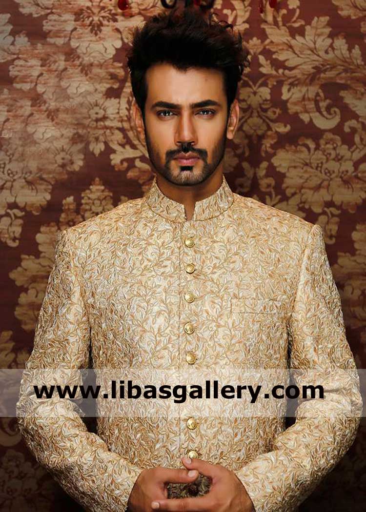 Premium Embroidery jaal on Groom Bespoke Wedding jacket zahid khan showing buy online Pakistani sherwani suit Alabama Guntersville Huntsville USA