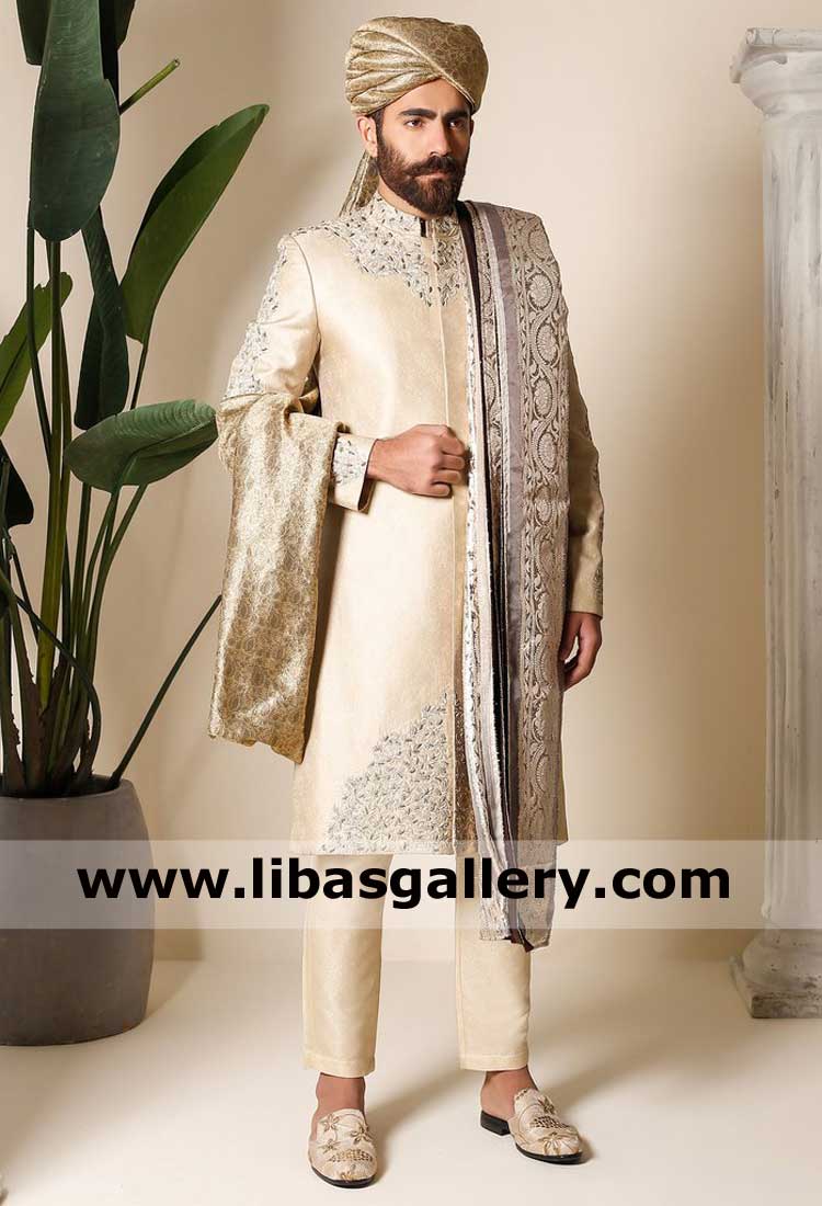 Groom wedding sherwani gold with embellishment