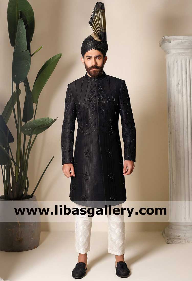 Black Embossed Raw silk Embellished wedding sherwani