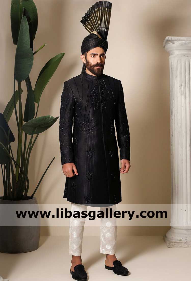 Black Embossed Raw silk Embellished wedding sherwani