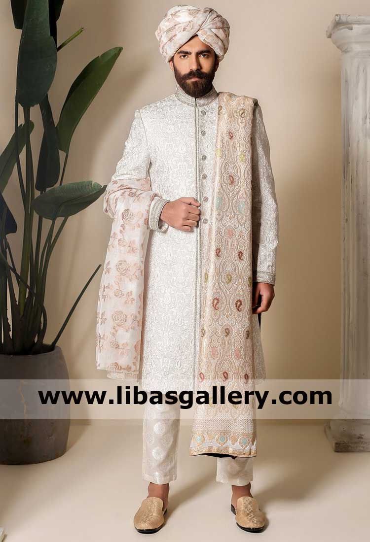 White Luxury Embossed Groom Wedding Sherwani