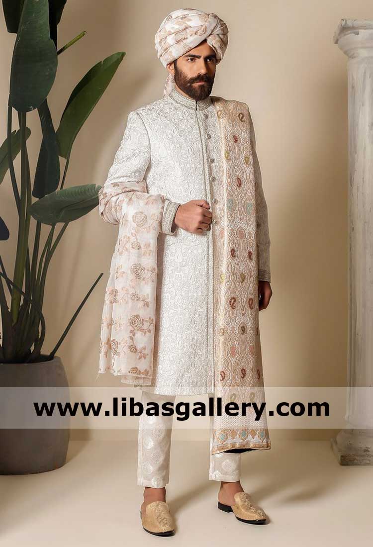 White Luxury Embossed Groom Wedding Sherwani