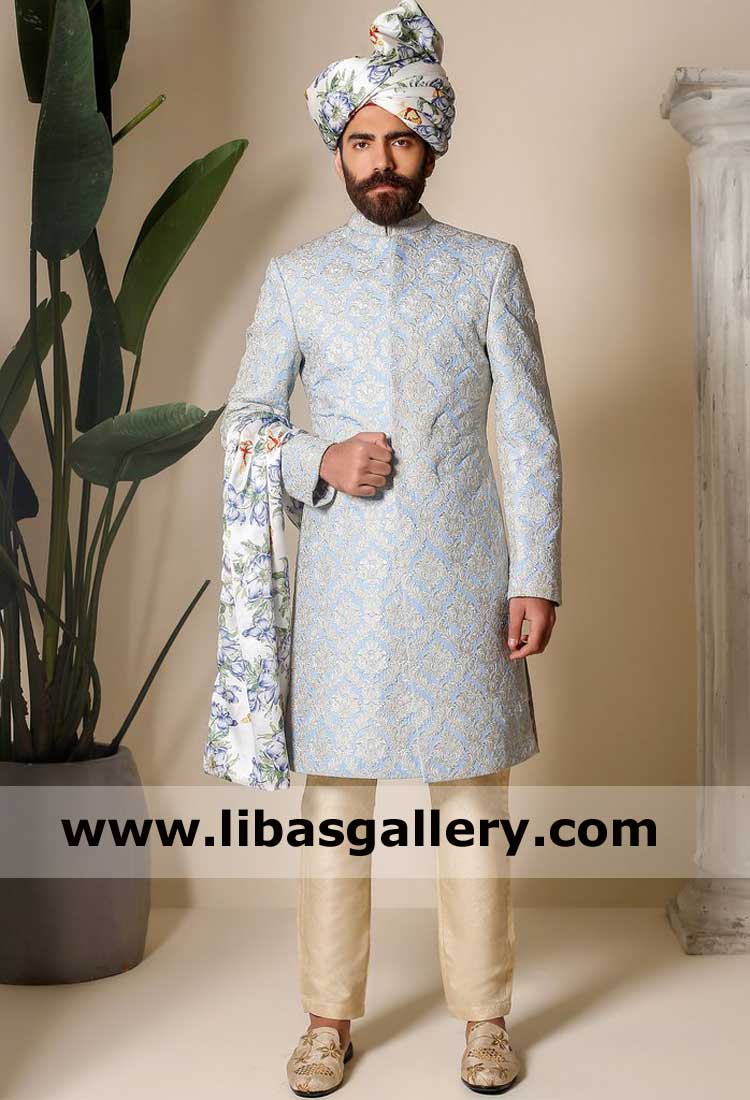 Sky Blue Denam Embossed luxury groom sherwani for marriage event add pretied pagri and gold inner kurta pajama Saudi Arabia France Germany