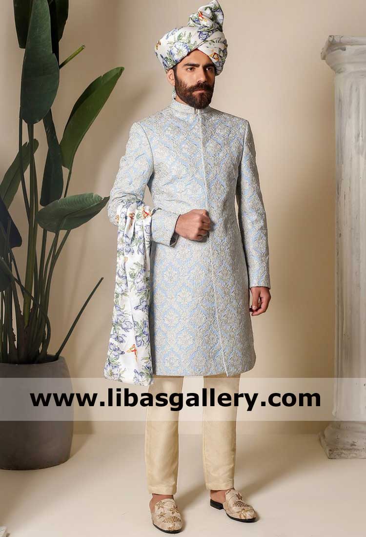 Sky Blue Denam Embossed luxury groom sherwani