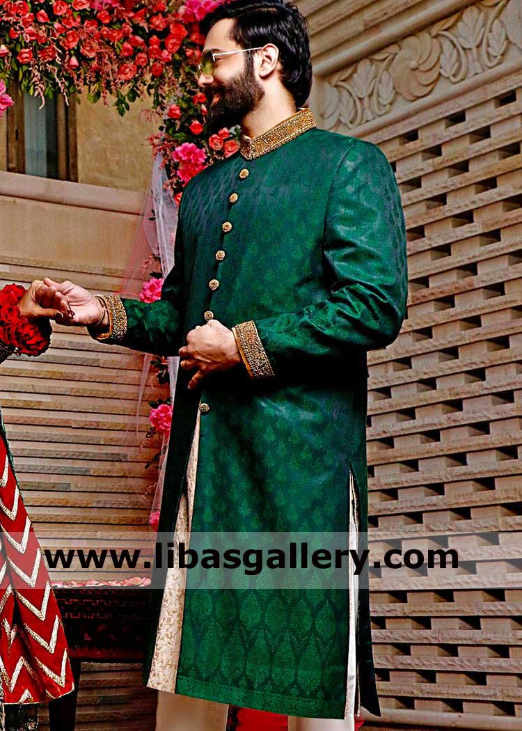 Green Gold Groom wedding sherwani for marriage event
