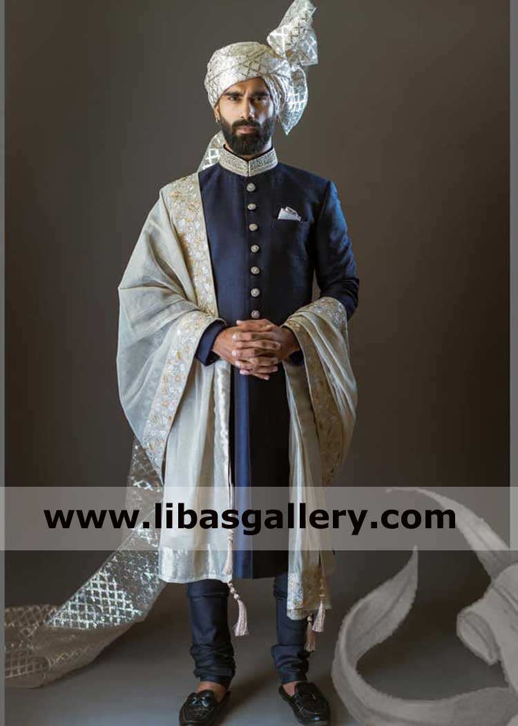 Royal blue appealing groom wedding sherwani article with inner add organza embroidered turban with shamla and matching khussa Saudi Arabia Singapore Slovakia