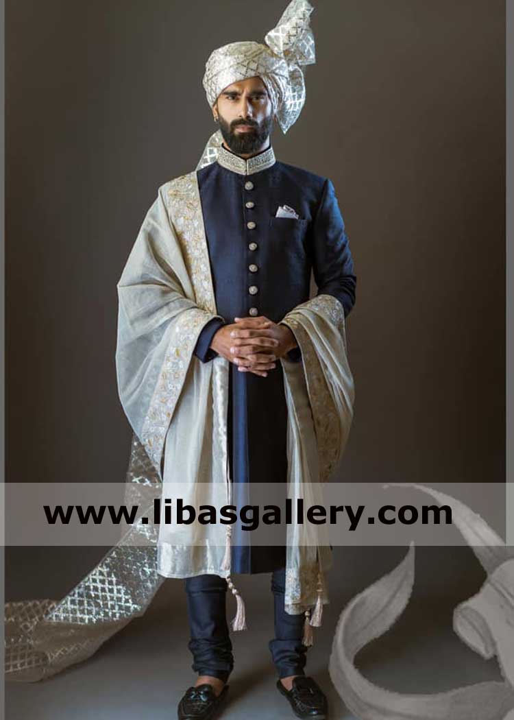 Royal blue appealing groom wedding sherwani article