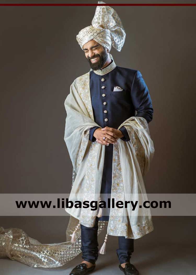 Royal blue appealing groom wedding sherwani article