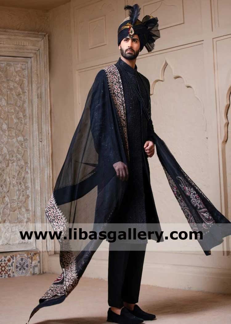 Graceful Groom wearing Black Embroidered Wedding Sherwani