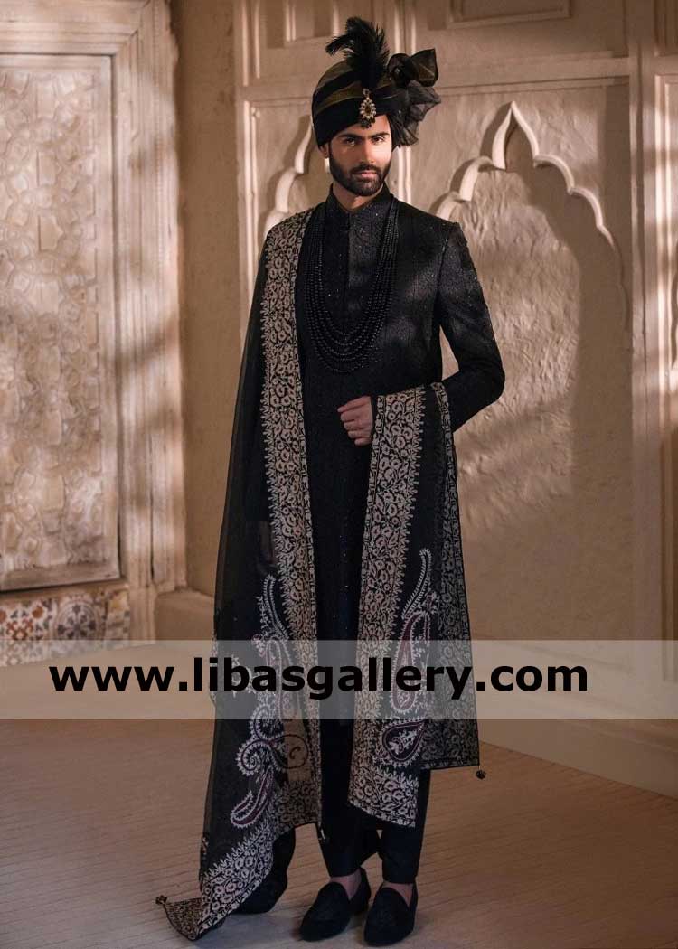 Graceful Groom wearing Black Embroidered Wedding Sherwani