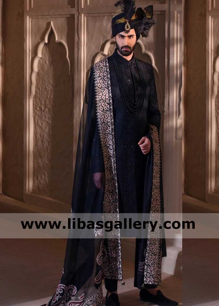 Graceful Groom wearing Black Embroidered Wedding Sherwani