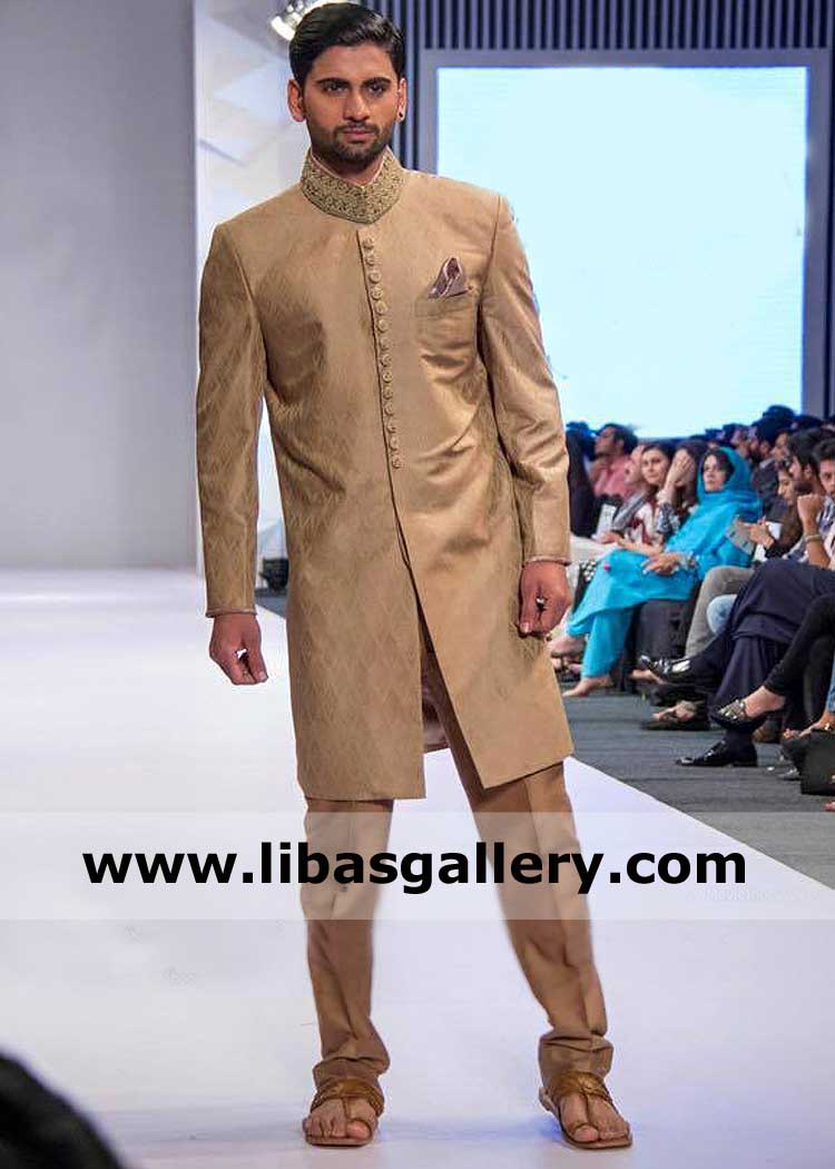 Beige Gold Groom Wedding Sherwani with Beautiful Embellished Collar and Buttons