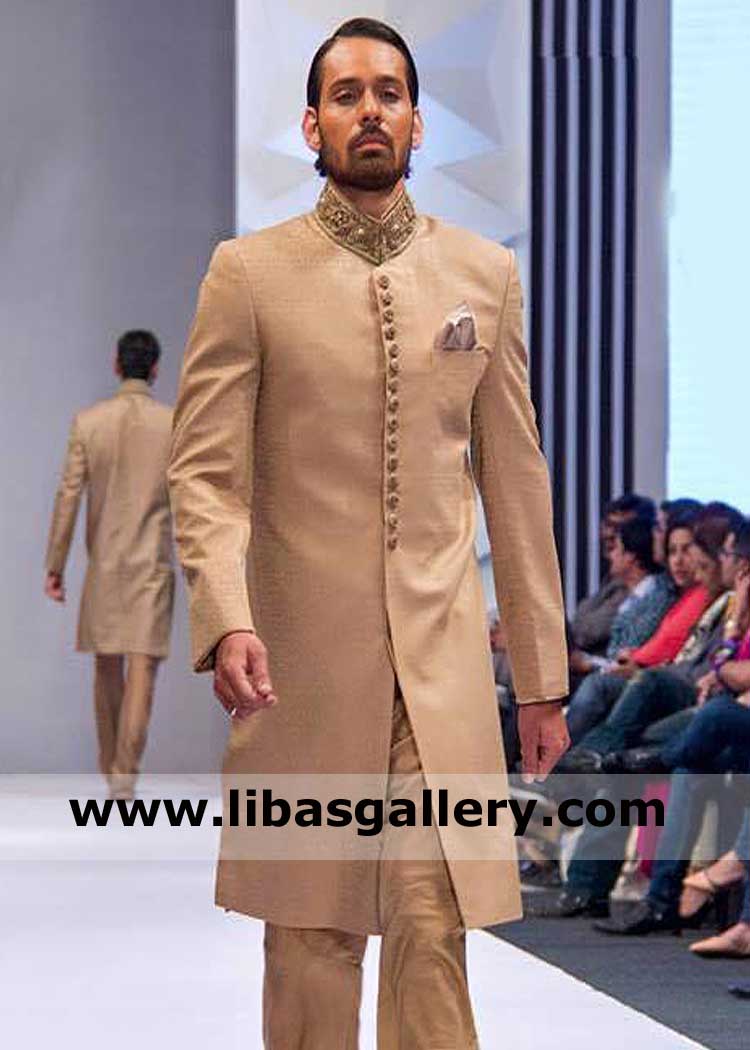 Beige Gold Designer Wedding Sherwani suit for Nikah Barat
