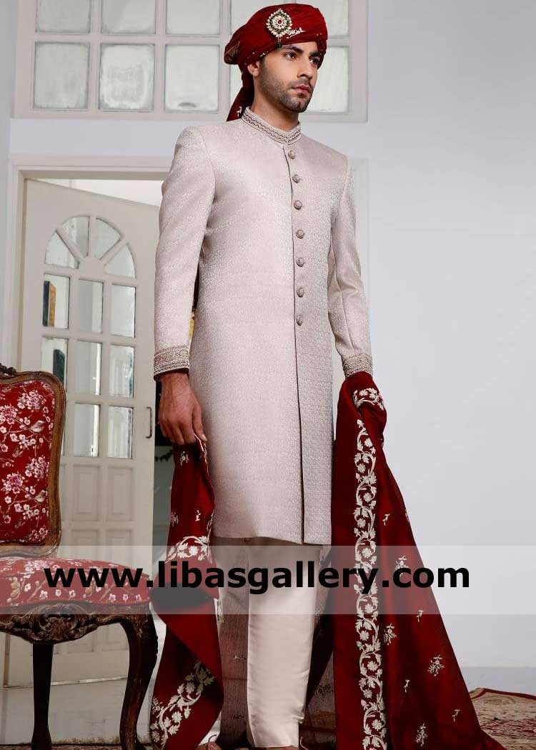 off white Groom Jamawar Fancy Embellished Wedding Sherwani white is healing and appropriate nikah costume color for men UK USA Canada