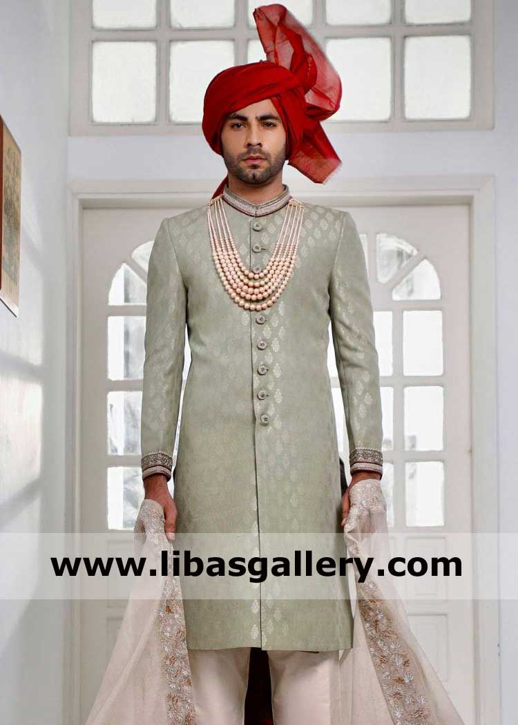 Light Green Jamawar Classic Groom Wedding Sherwani set