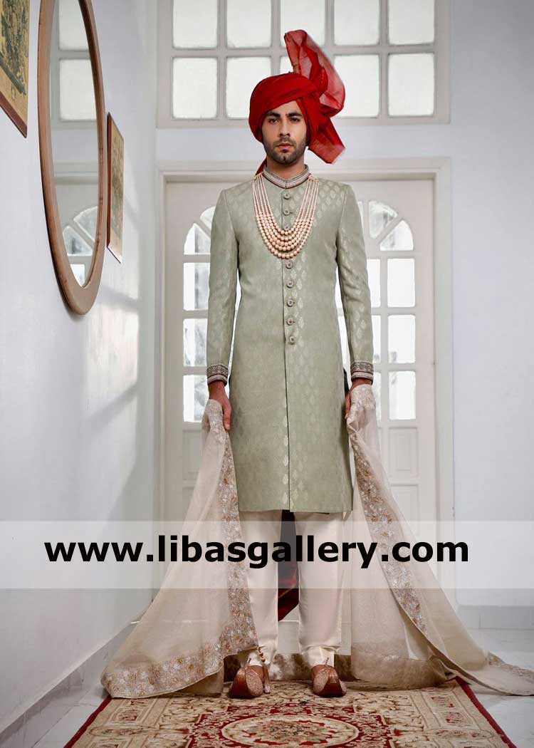 Light Green Jamawar Classic Groom Wedding Sherwani set