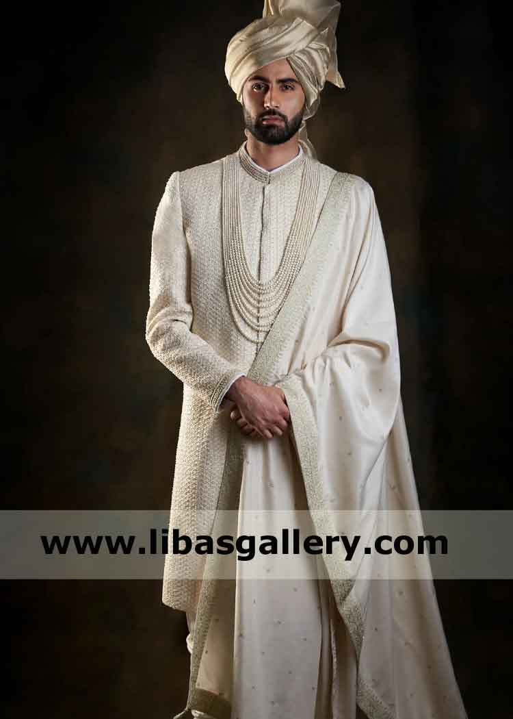 Off White heavy Embroidered Men Wedding Sherwani off white turban and Embroidered shawl can be added Coventry Sunderland Birkenhead UK