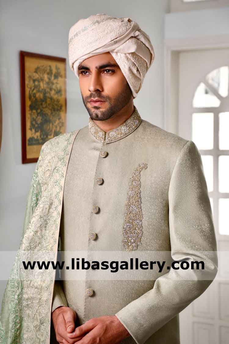 Men Beautiful Jamawar Embellished Wedding Sherwani Design