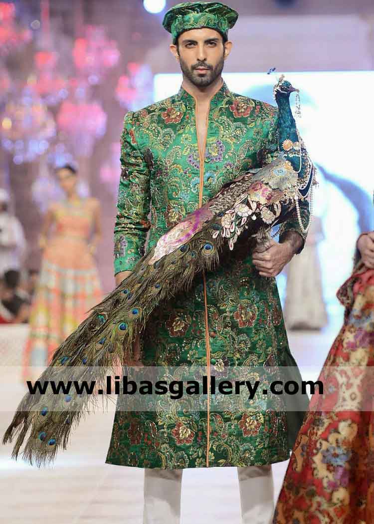 Green Jamawar Embroidered Groom heavy Wedding Sherwani for Nikah and Occasion paired with inner suit buy online UK USA Canada