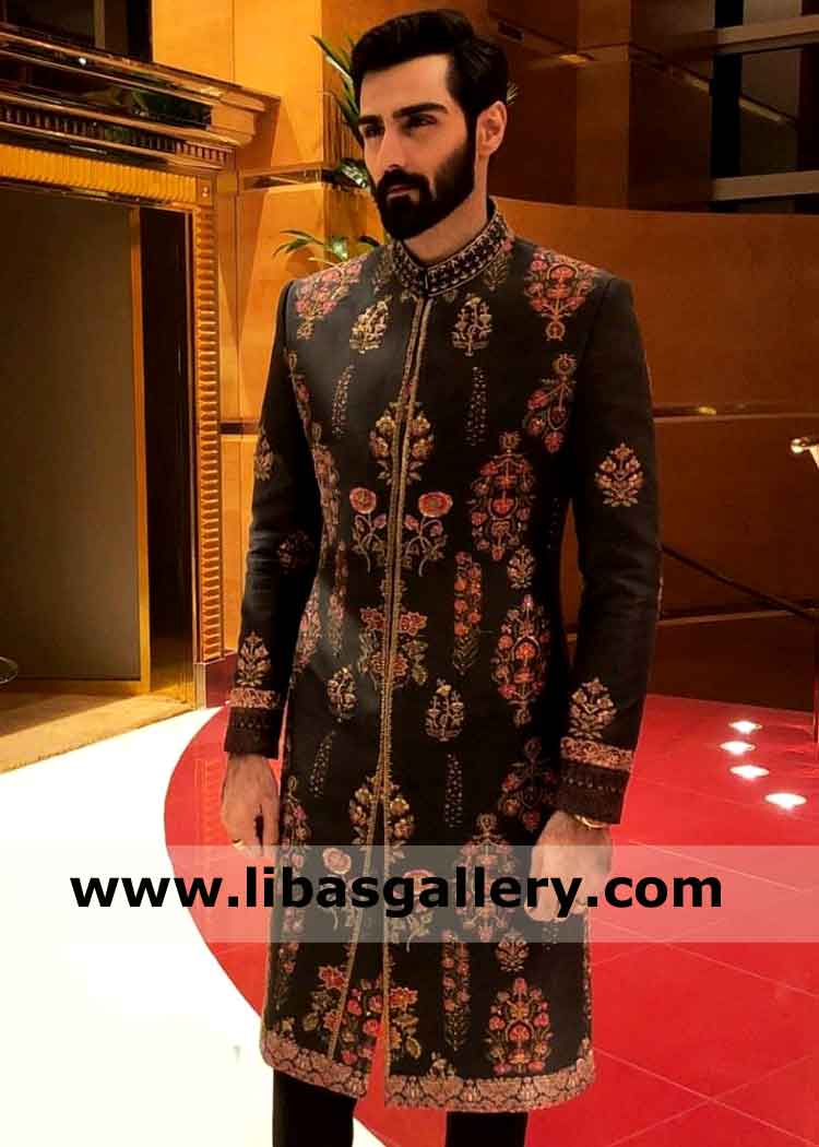 Hasnain lehri in Men embroidered Nikah Barat Event Designer Sherwani Article paired with inner suit Germany France Saudi Arabia