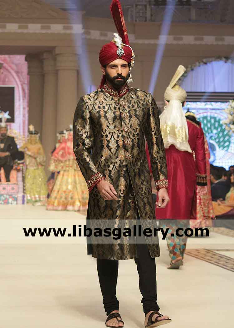 Black Embroidered Jamawar Men Sherwani Suit