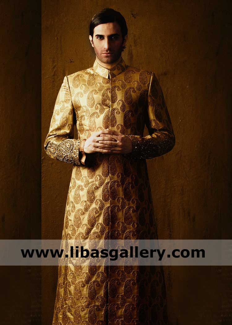 Gold Jamawar Men Sherwani for Barat Nikah Time
