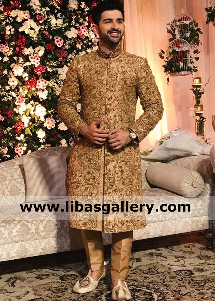 Muneeb butt spotting in gold embroidered designer men hsy sherwani suit with monotone inner suit on nikah barat day UK USA Dubai