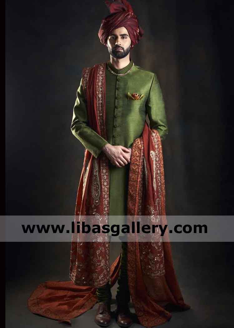 Latest Green Raw Silk Sherwani Article for Men Nikah Barat day compliment with matching color inner kurta and Churidar pajama Vancouver Montreal Toronto Canada