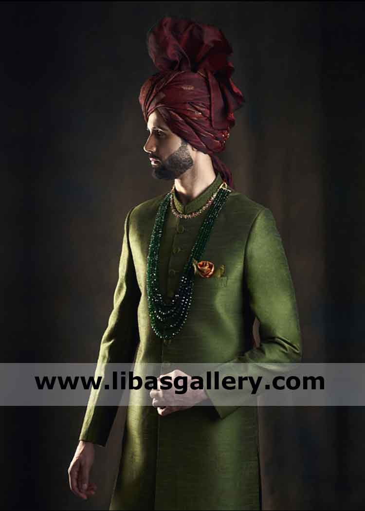 Latest Green Raw Silk Sherwani Article for Men Nikah Barat