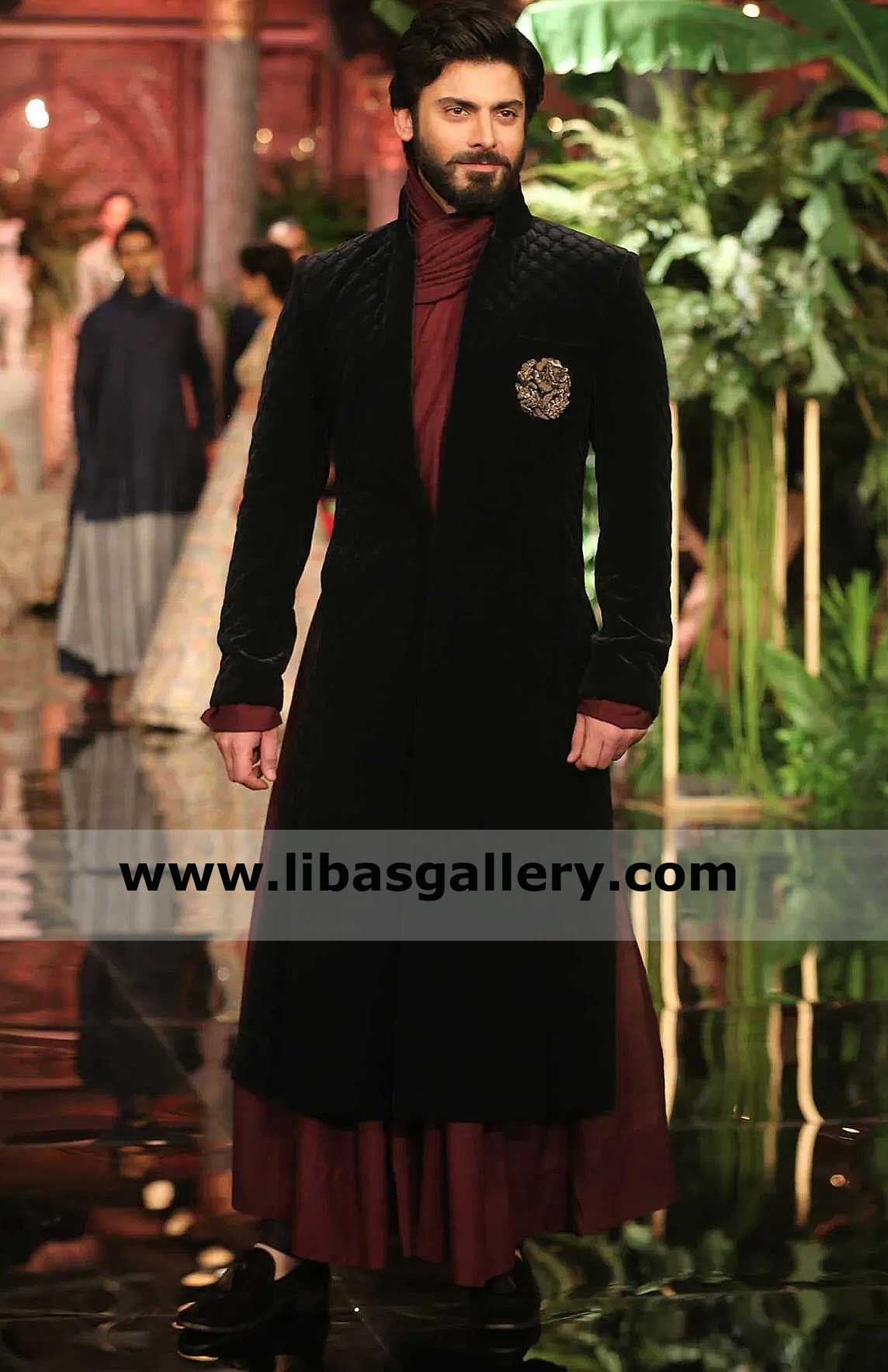 Latest High Neck Collar Style Pakistani Men Sherwani Suit