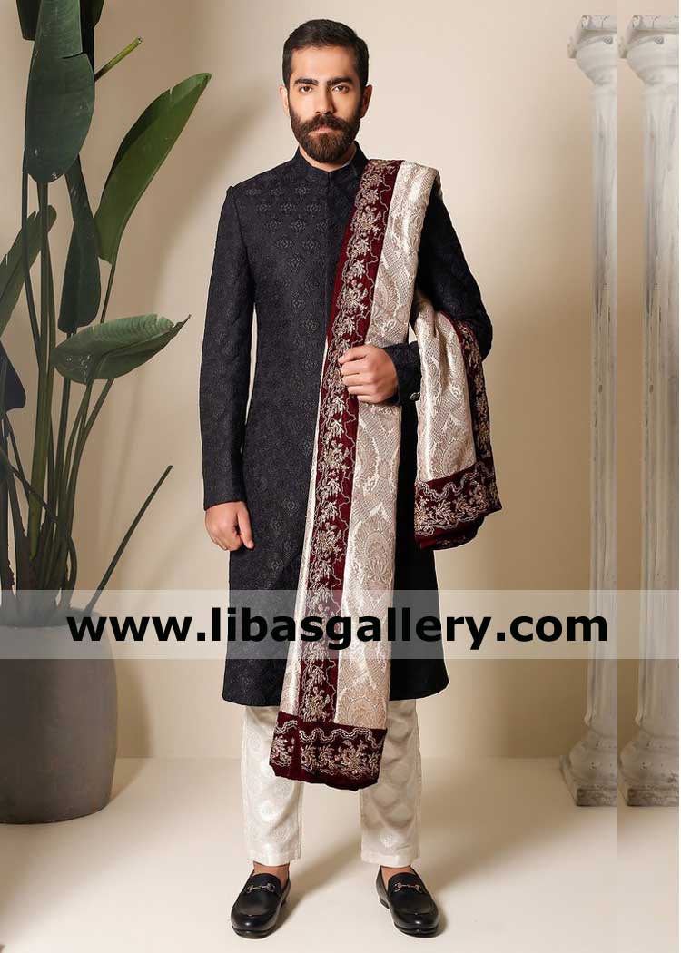 Black heavy embroidered beautiful mens wedding sherwani style