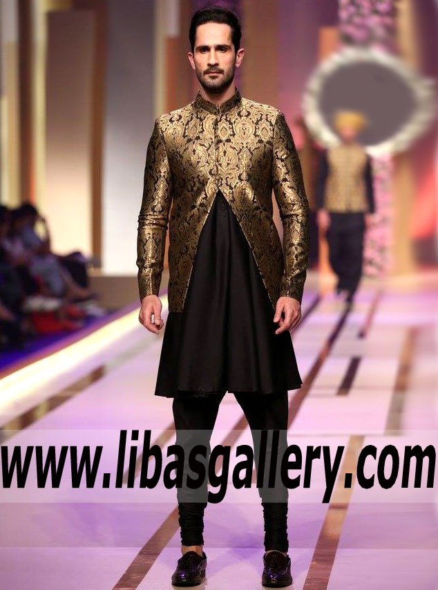 Black jamawar sherwani for wedding 2019 black kurta and churidar pajama shy dulha UK USA Canada