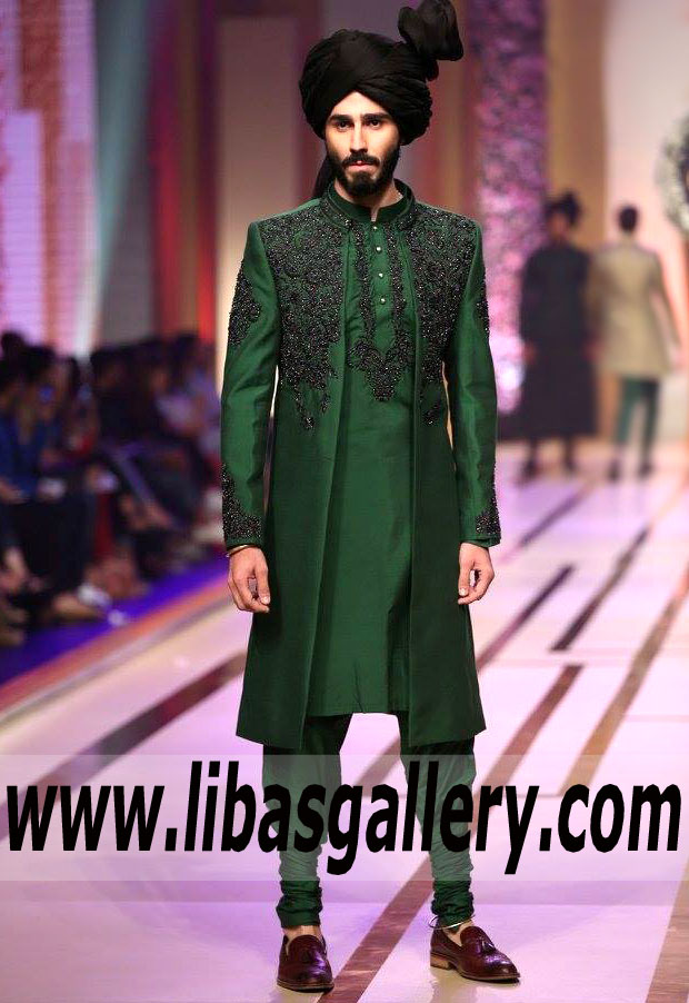Green Stylish Wedding Sherwani Black turban 