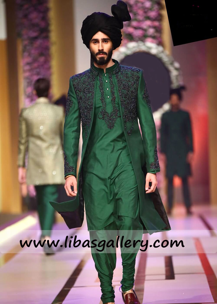 Green Stylish Wedding Sherwani Black turban 