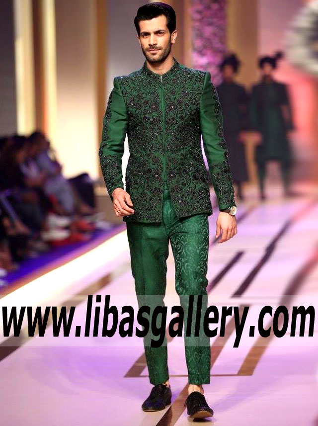 Green prince coat sherwani for wedding groom hand embellishment Michigan Virginia USA