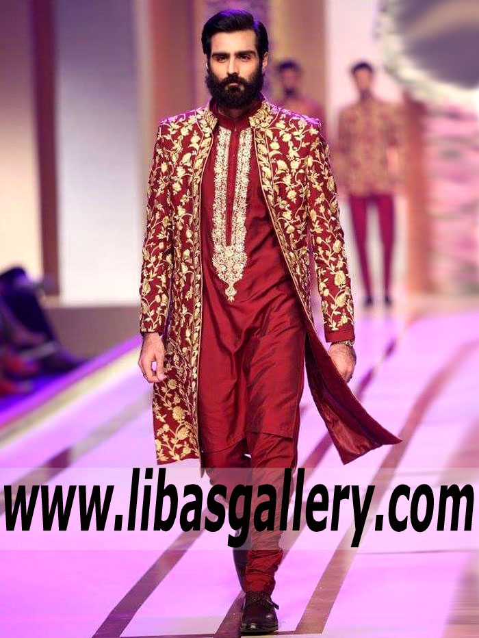 Carmine Color Raw Silk Wedding Sherwani bearded Groom Wearing Brooklyn New york USA