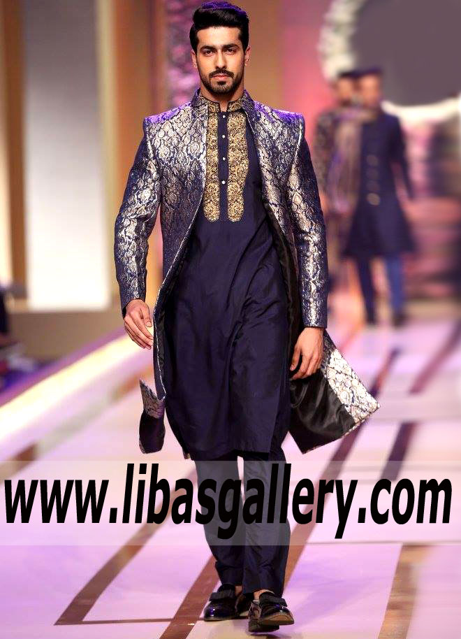 duke blue plain jamawar sherwani groom nikah rukhsati shadi Toronto Canada 2019 