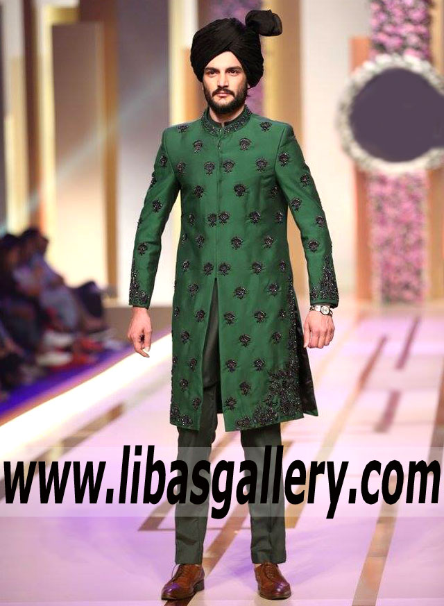 Green Wedding Sherwani for Groom in Raw silk Nikah